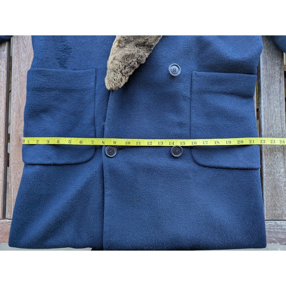 💜Perry Ellis 1980s Navy Wool Maxi Coat Faux Fur Collar - Picture 13 of 15